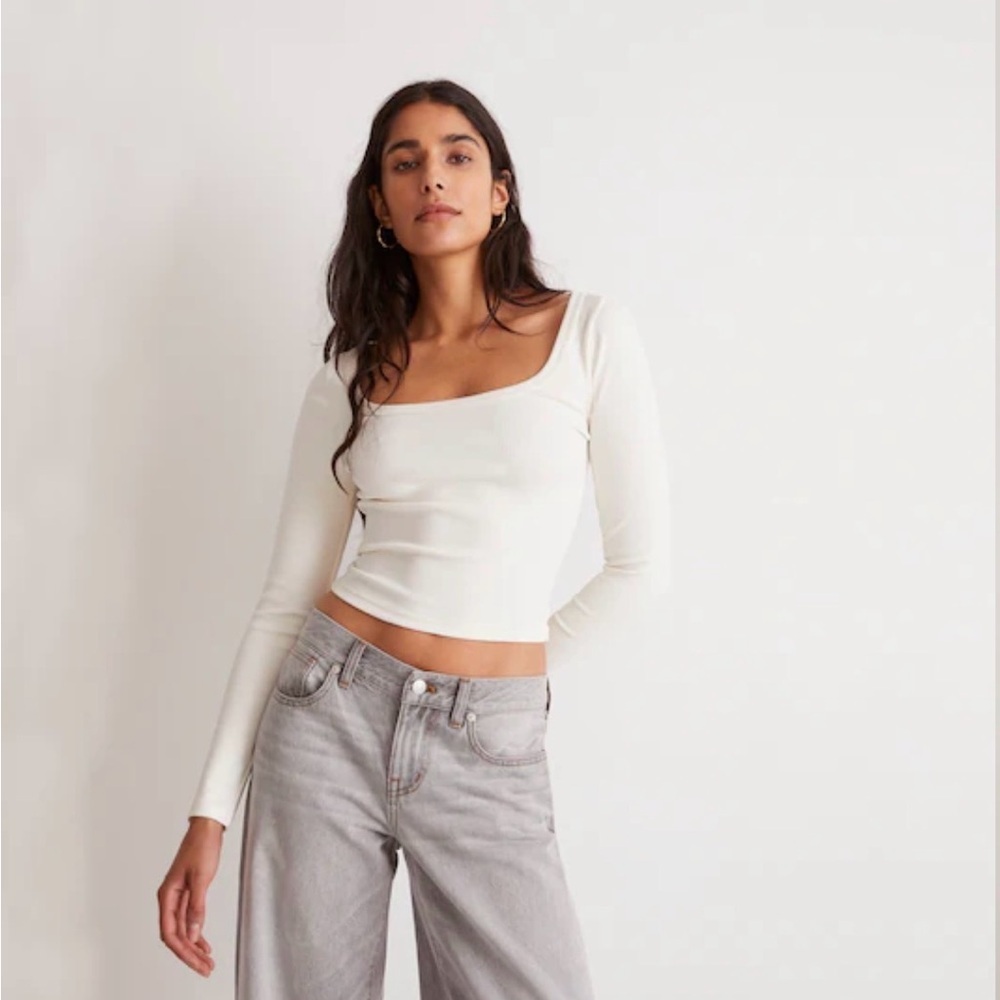 Madewell Ribbed Ivory Square-Neck Long Sleeve Crop Top, 95% cotton, Size Small